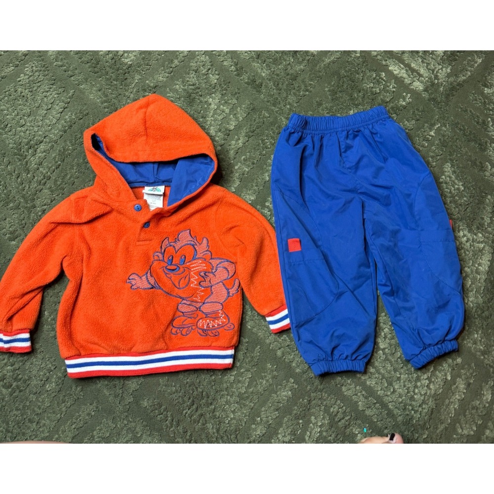 Vintage Baby Looney Tunes Taz Fleece Hoodie and Pants Set Orange Blue 18M 54271